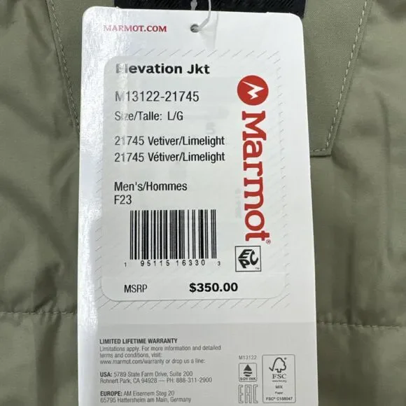 Men’s Sz L Marmot Hooded Elevation Ski Jacket. Yellow & Gray. Insulated.